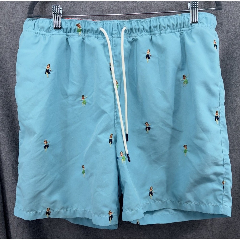 Tommy Bahama Naples Swim Trunks Blue Embroidered Hula Girl Aloha Hawaiian Large - Picture 2 of 7